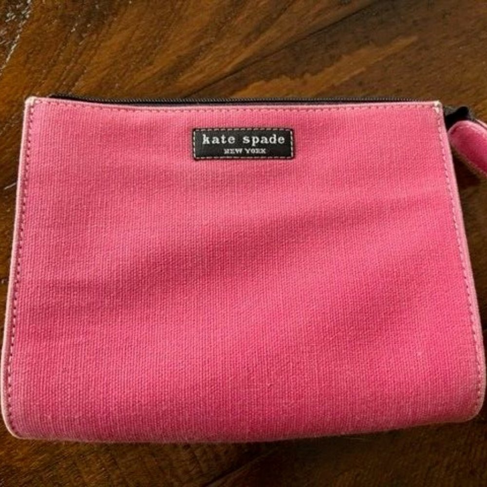 Kate Spade Pink Canvas Makeup Bag with Zip and Check Interior